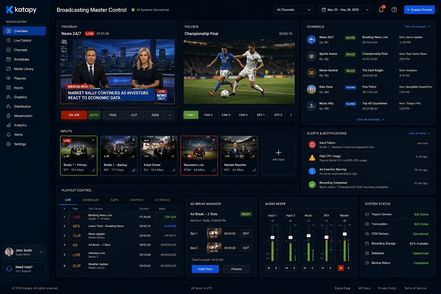 The Katapy broadcasting master control room with live program, preview and playout