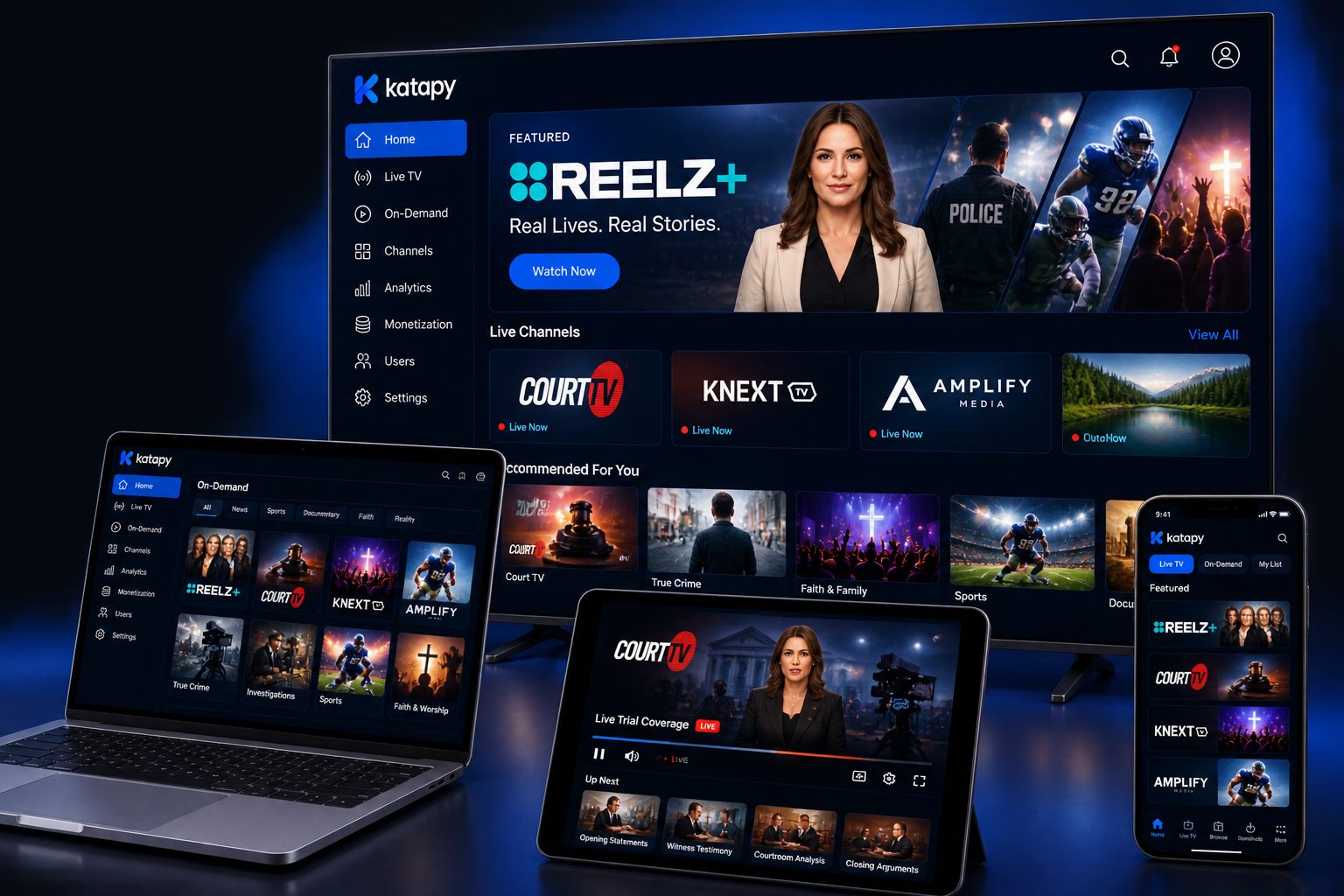 Katapy-powered streaming apps running on a TV, laptop, tablet and phone