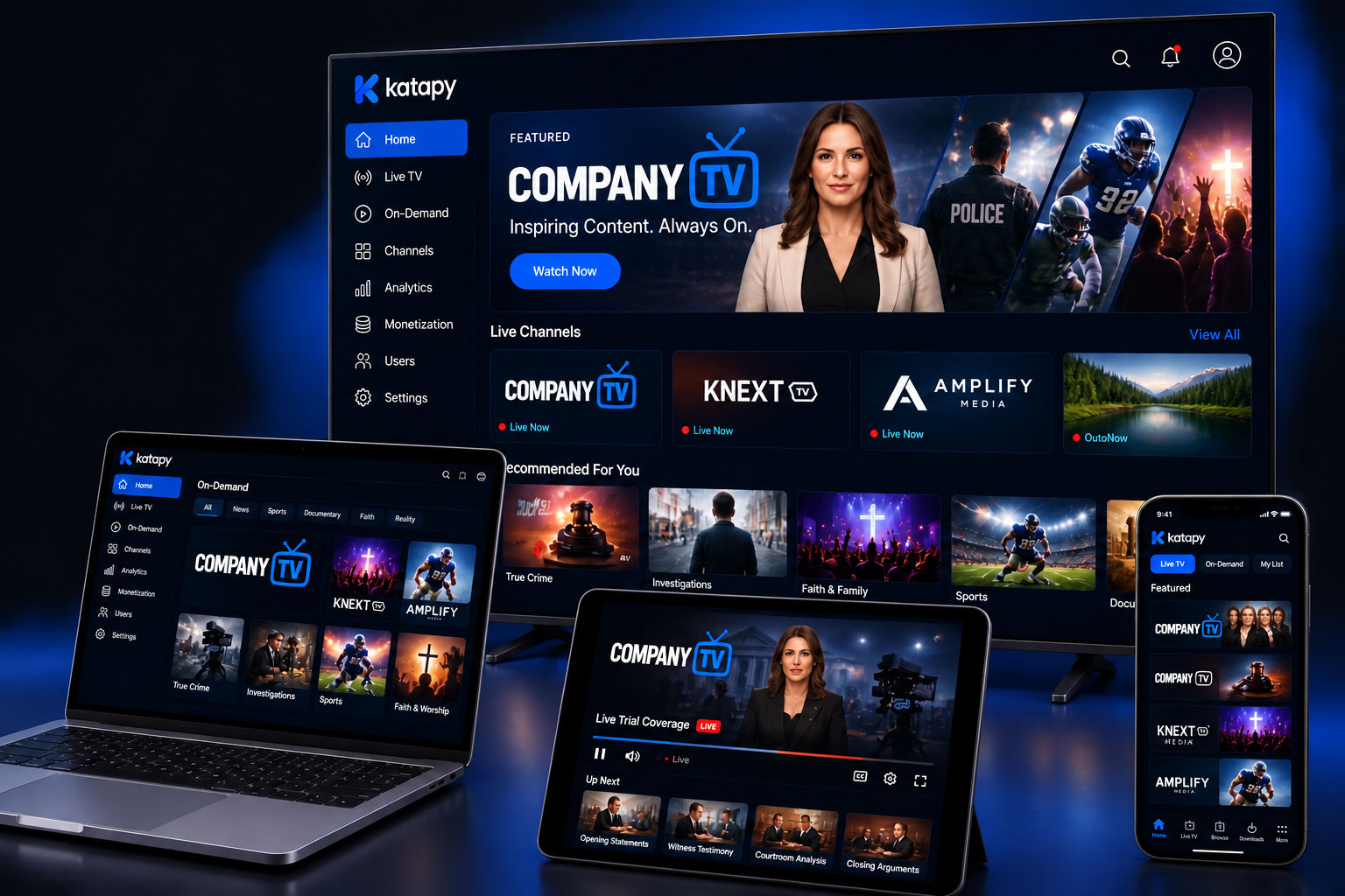 Katapy-powered streaming apps running on a TV, laptop, tablet and phone