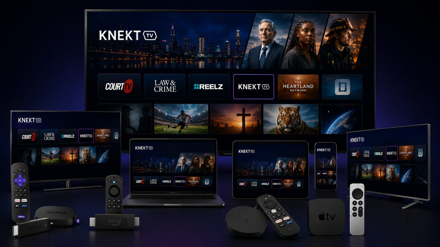 KNEKT TV apps running on Roku, Fire TV, Apple TV, laptop, tablet and phone