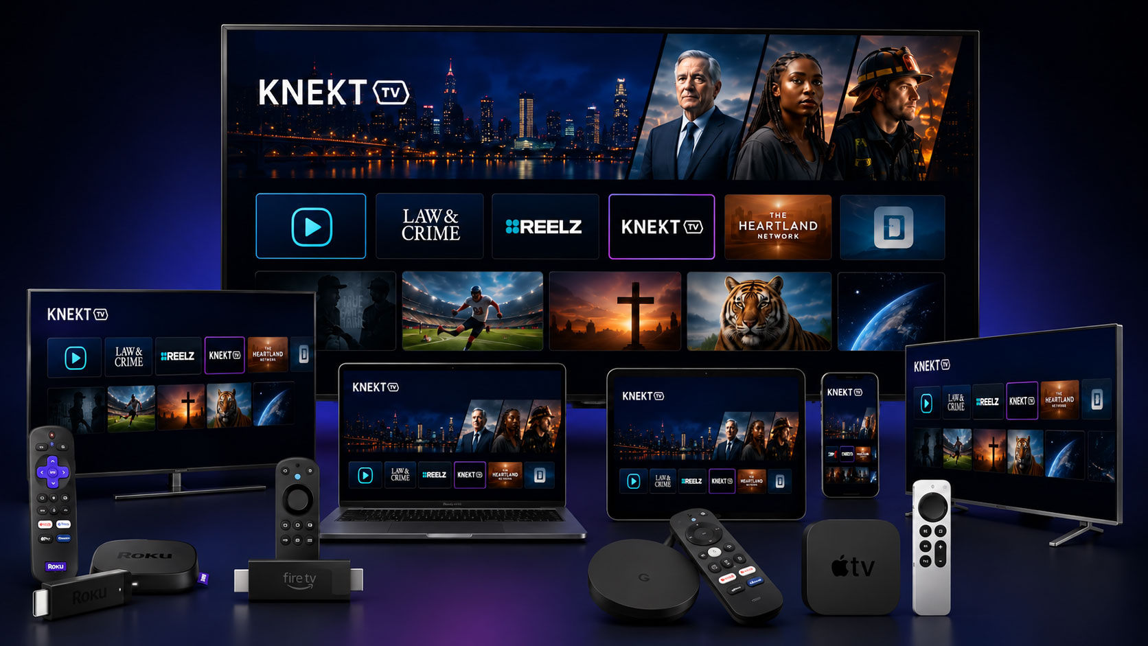 KNEKT TV apps running on Roku, Fire TV, Apple TV, laptop, tablet and phone