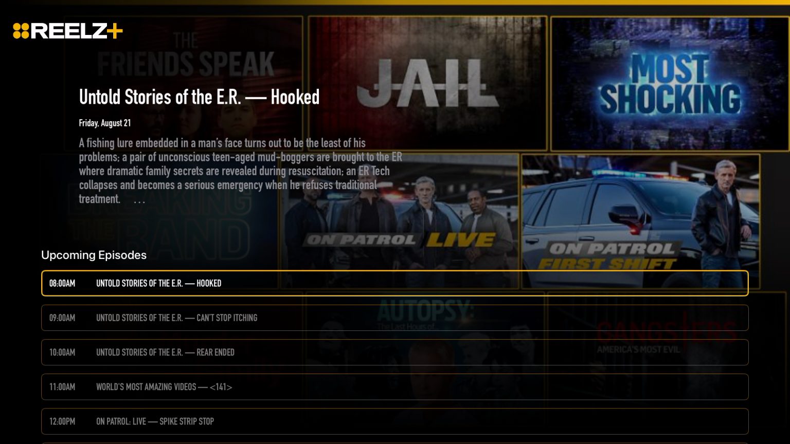 The Reelz+ live guide with upcoming episodes on a Katapy-powered channel