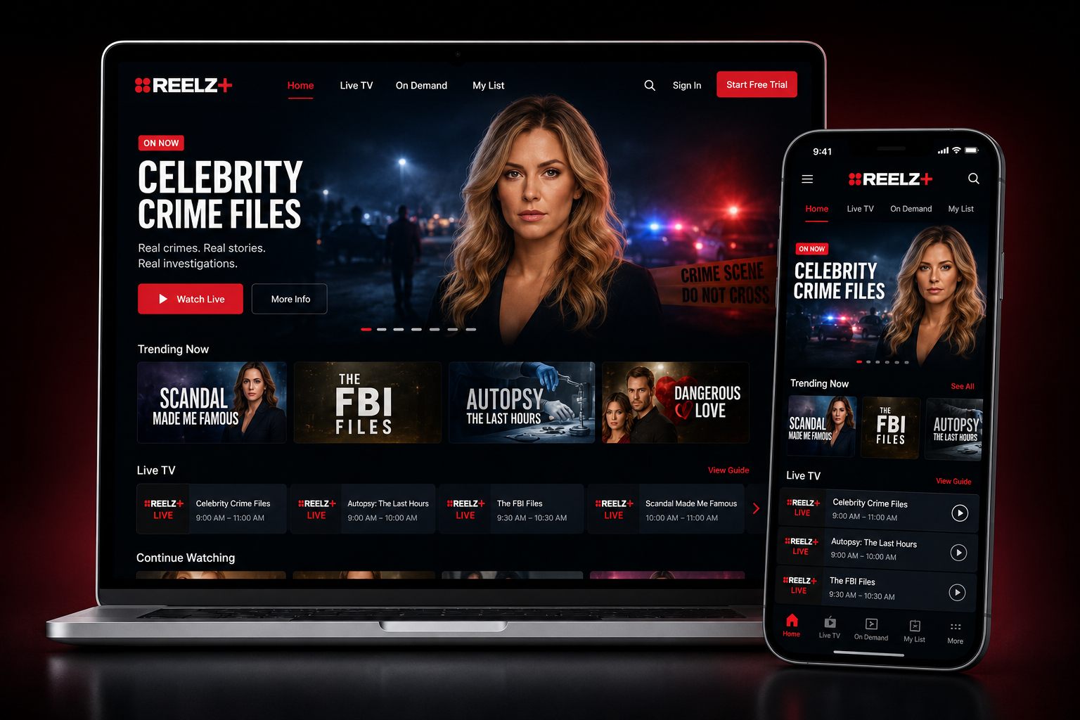 The Reelz+ streaming app running on a television and a phone